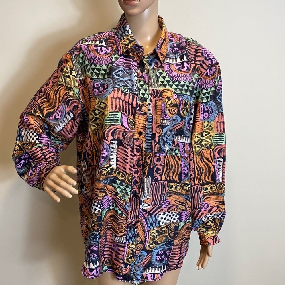 K Arnold Aztec tribal colorful silk button down shirt
